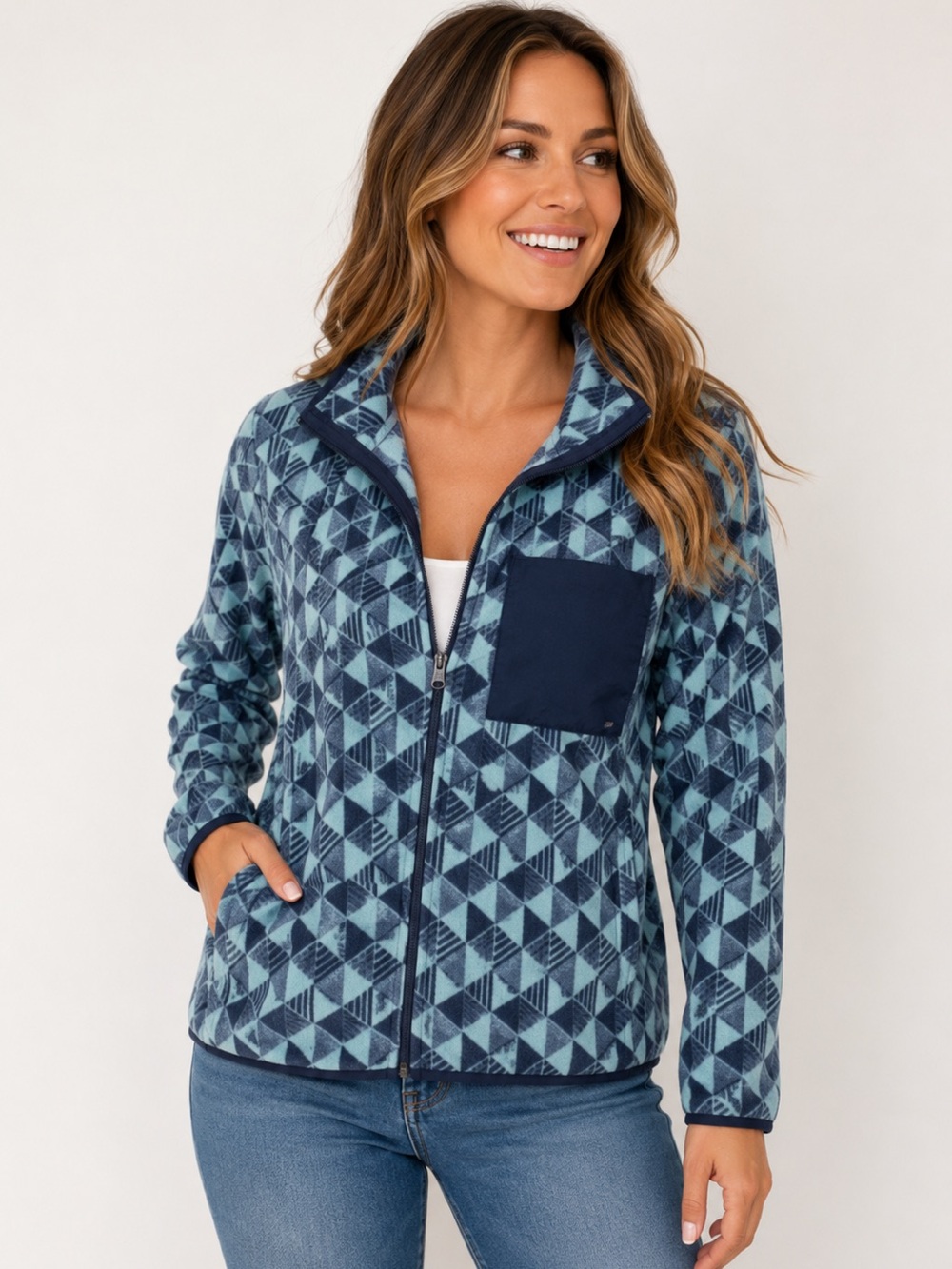 L.L.Bean Fleece Jacket Womens Medium Blue Geometric Full Zip Cabincore Recycled